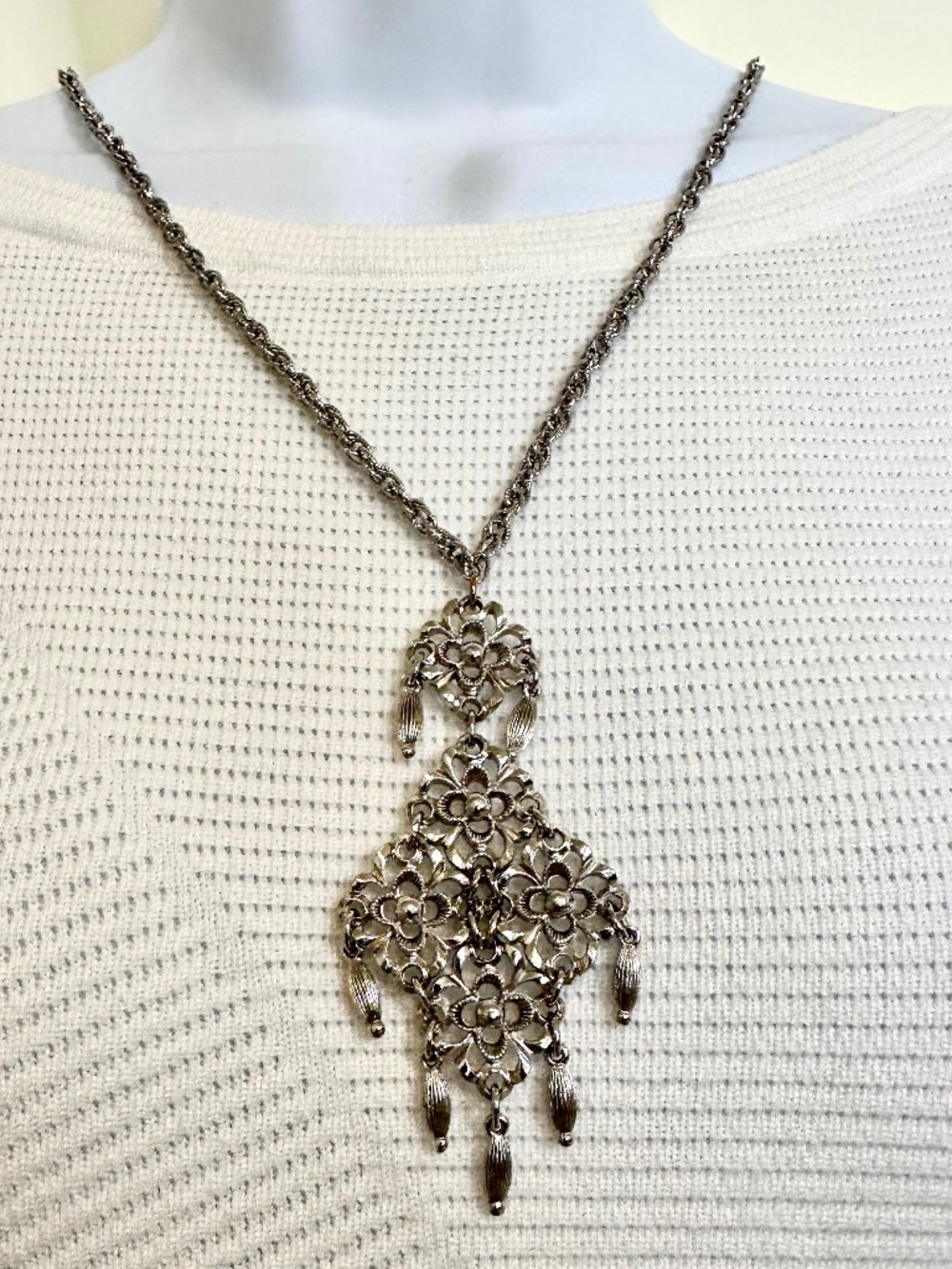 Vintage D’ORLAN Silver-Tone Floral Statement Necklace - 1970s-1980s